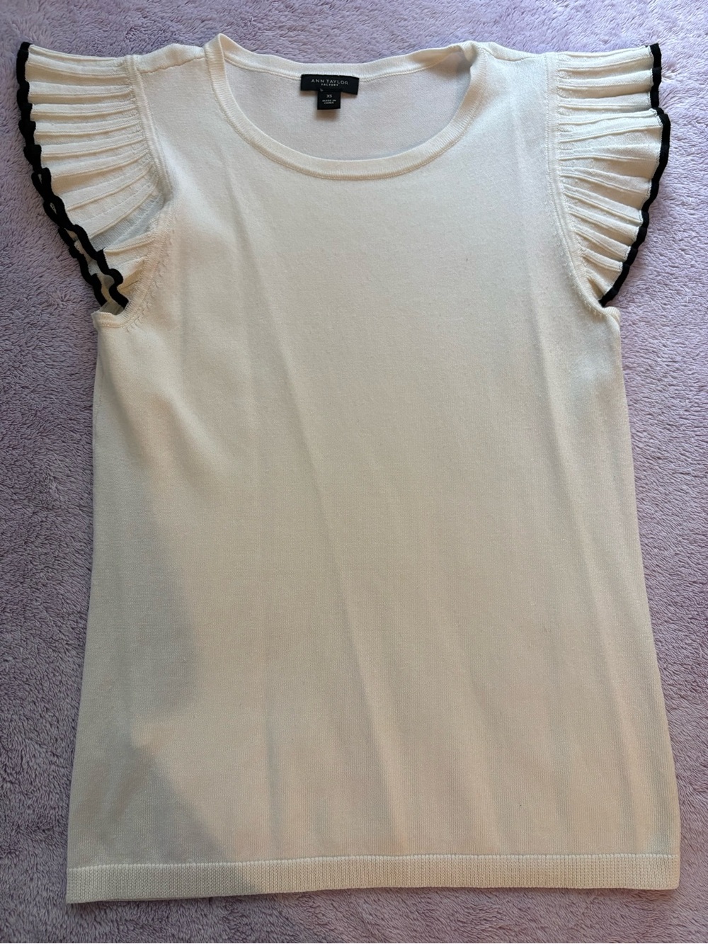 Ann Taylor Cream Knit Tank with Black-Trim Flutter Sleeves